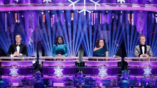 Craig Revel Horwood, Motsi Mabuse, Shirley Ballas and Anton Du Beke sitting behind the festive judging desk for Strictly Come Dancing Christmas special 2024