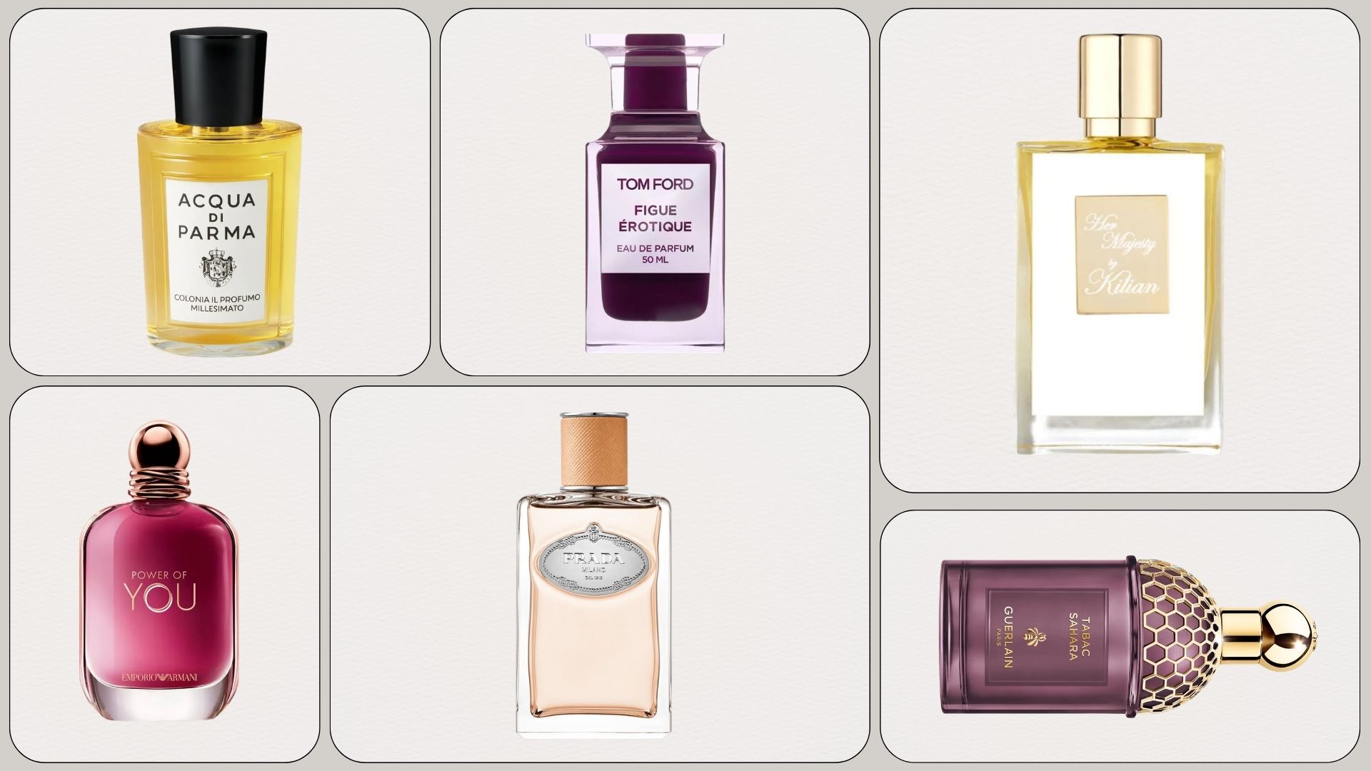 A collage of new-in perfumes from Acqua Di Parma, Tom Ford, Kilian, Armani, Prada and Guerlain