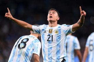 Paulo Dybala of Argentina celebrates after scoring their team's third goal during the 2022 Finalissima match between Italy and Argentina at Wembley Stadium on June 01, 2022 in London, England.