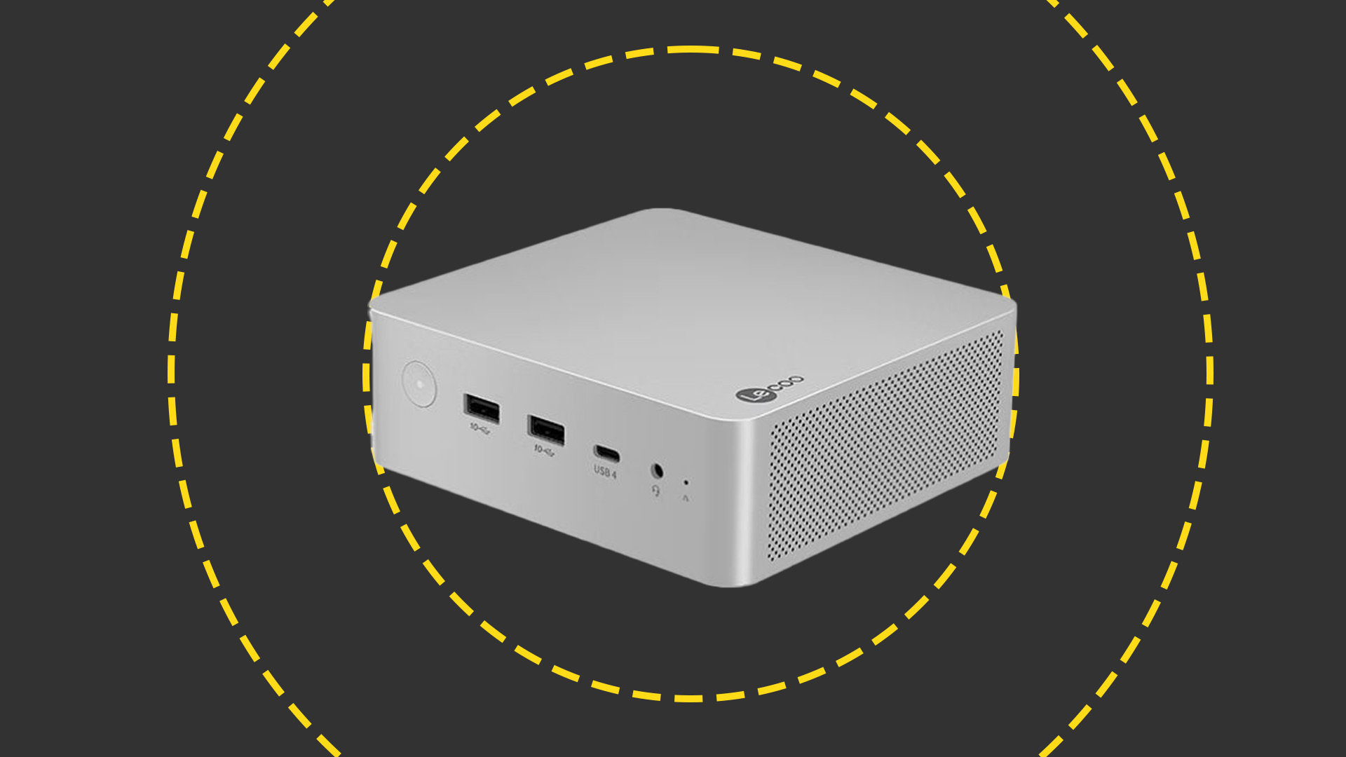 Lecoo Mini Pro PC promotional image from Lecoo/Lenovo pictured against black background with yellow rings circling device.