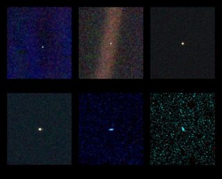 These six narrow-angle color images were made from the first ever "portrait" of the solar system taken by NASA's Voyager 1 spacecraft on Feb. 14, 1990, when the probe was about 4 billion miles (6.4 billion kilometers) from Earth. Clockwise from top left: 