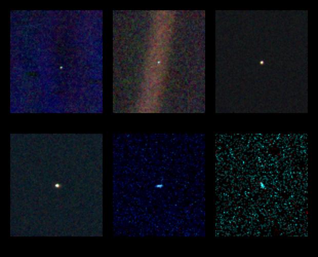 These six narrow-angle color images were made from the first ever &quot;portrait&quot; of the solar system taken by NASA&#039;s Voyager 1 spacecraft on Feb. 14, 1990, when the probe was about 4 billion miles (6.4 billion kilometers) from Earth. Clockwise from top left: 