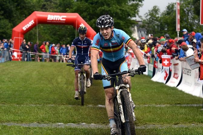 Jens Schuermans (Belgium) finishes ahead of Hugo Drechou (France) for second in the U23 men's race