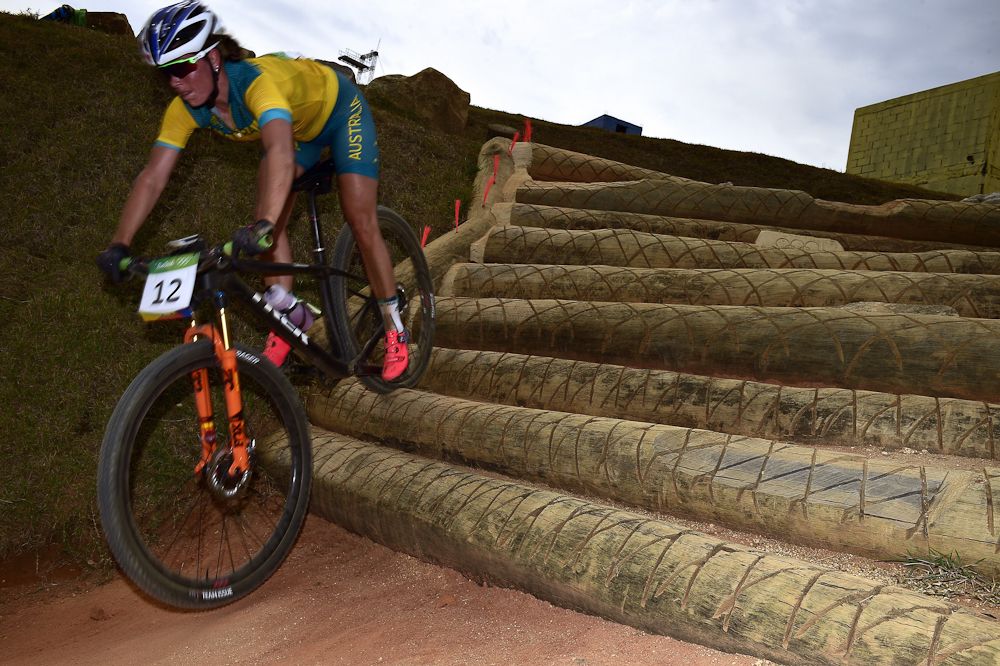 Australia's Rebecca Henderson competes in the cycling mountain bike women's cross-country race of the Rio 2016 Olympic Games