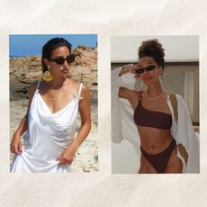 the shell jewelry trend is depicted in images of three different women, on the left a woman is wearing a white dress with oversized shell-motif earrings, in the middle a woman is wearing a white shell choker with a brown bikini