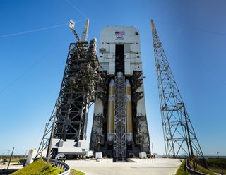 The United Launch Alliance Delta IV Heavy rocket built for the Parker Solar Probe, as seen during launch preparations in April 2018.