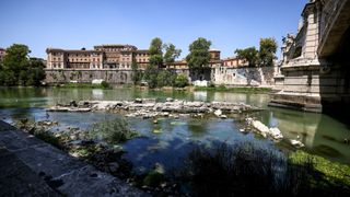 Resurfaced remains of an ancient bridge built under Roman Emperor Nero in the River Tiber in Rome, Italy.