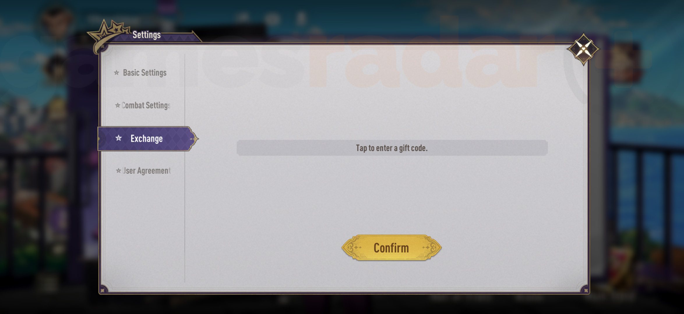 The menu screen to redeem JoJo's Bizarre Adventure Golden Spirit codes