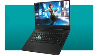 Asus TUF F15 gaming laptop on a blue background
