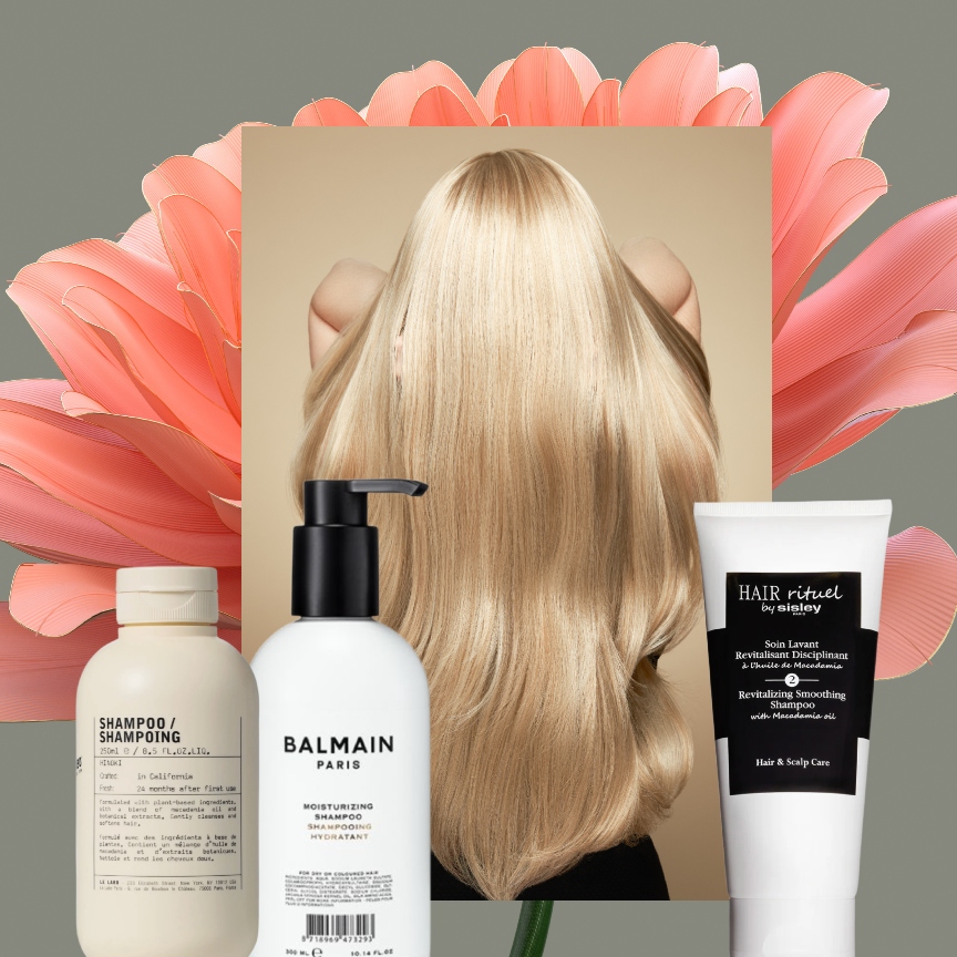 a trio of white shampoo bottles on a background of a pink flower next to a woman with long shiny blonde hair