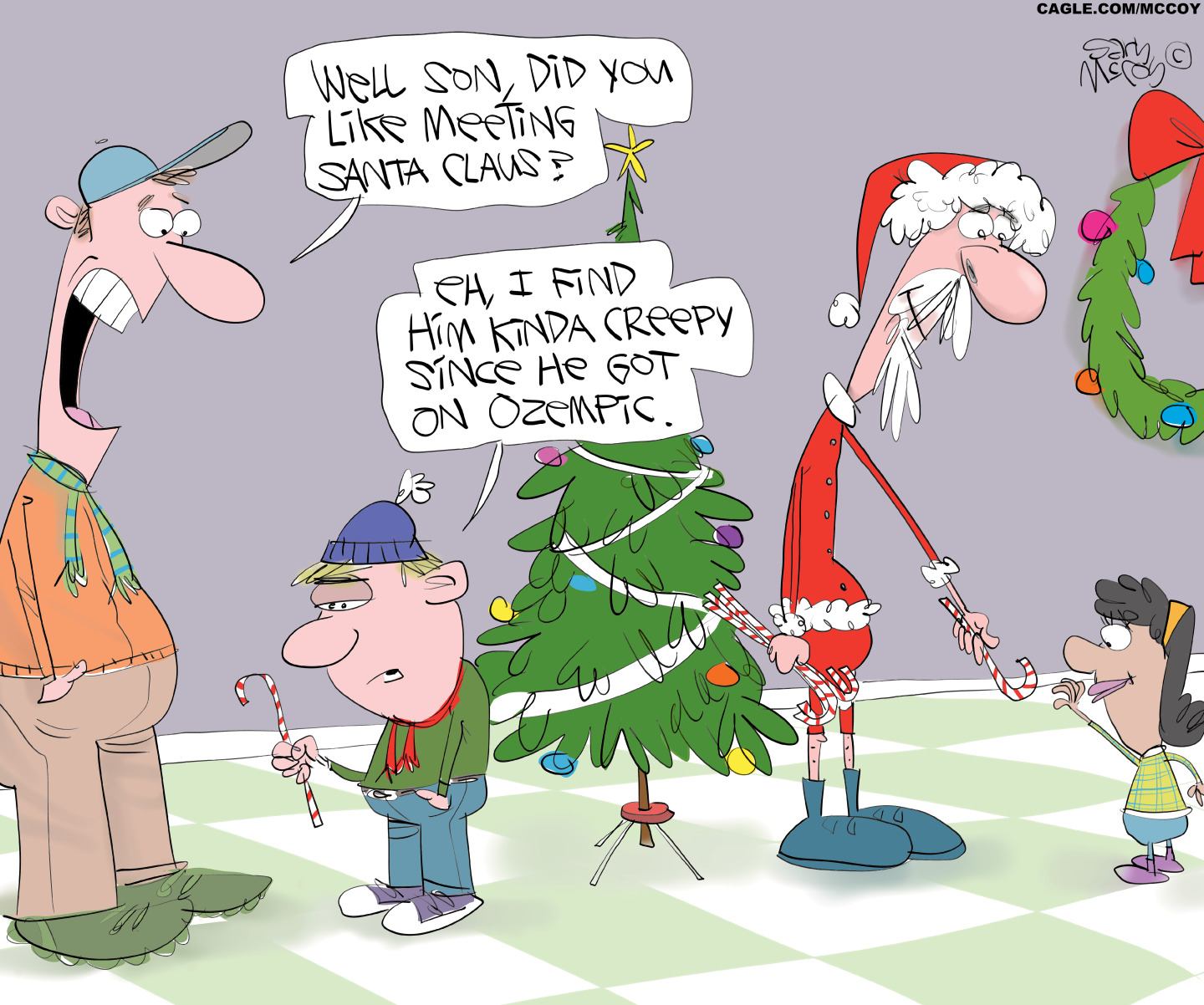 A boy holds a candy cane and looks downcast after meeting Santa Claus. Santa Claus is nearby, he looks skinny and hands a candy cane to a little girl. The downcast boy&amp;rsquo;s dad says, &amp;ldquo;Well son, did you like meeting Santa Claus?&amp;rdquo; The boy says, &amp;ldquo;Eh, I find him kinda creepy since he got on Ozempic.&amp;rdquo;