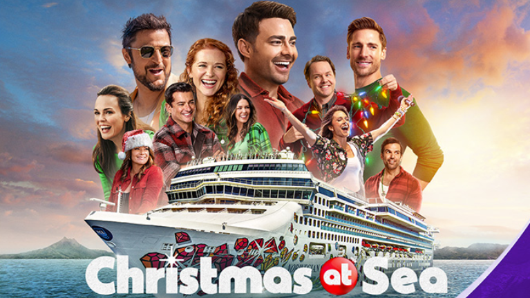 Promo image for Christmas at Sea featuring a cruise ship and several Hallmark Channel stars