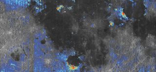 Colored areas on this map show spots with elevated water content compared with surrounding terrain on the moon's surface. Yellow and red indicate the richest water content.