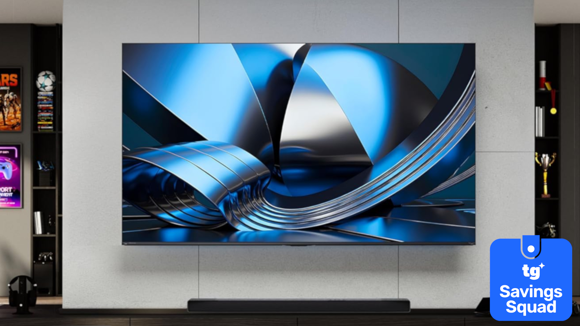 The Hisense U6SF Pro displaying abstract, blue-colored imagery in a wall-mounted position above a soundbar