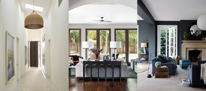 Whole house layout mistakes. Narrow cream hallway, open-plan entryway and living room. Dark living room with cozy seating.