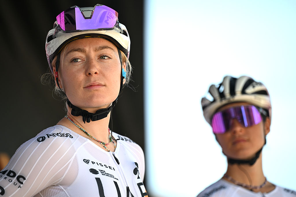 LICHTENVOORDE, NETHERLANDS - SEPTEMBER 07: Lara Gillespie of Ireland and UAE Team ADQ prior to the 27th Simac Ladies Tour 2025, Stage 6 a 156.3km stage from Lichtenvoorde to Lichtenvoorde / #UCIWWT / on September 07, 2025 in Lichtenvoorde, Netherlands. (Photo by Luc Claessen/Getty Images)