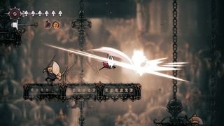 A Hollow Knight: Silksong screenshot of a knight hitting an enemy with their sword while on a floating platform.