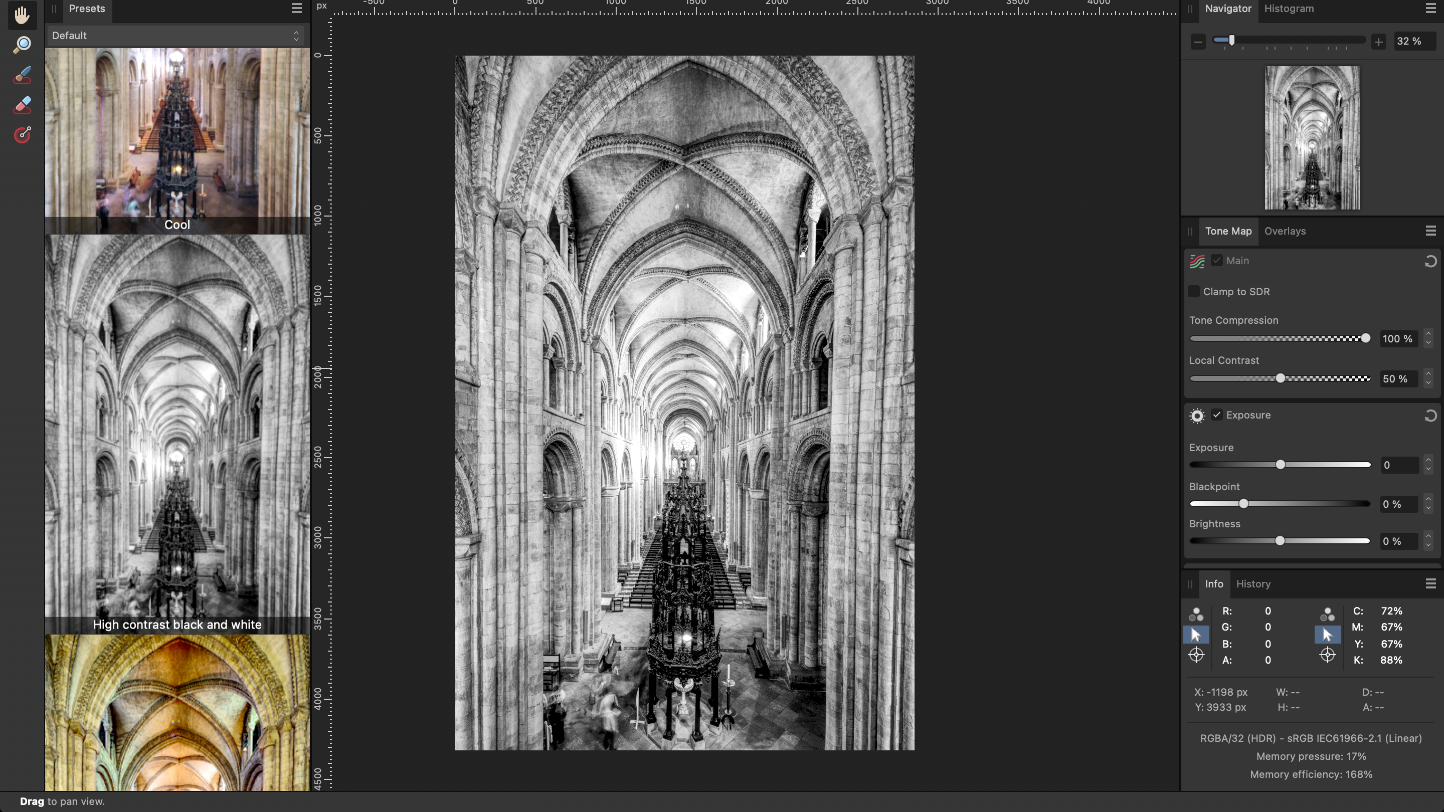 A black and white image editing interface showcasing a gothic cathedral interior with arches, a chandelier, and various preset options