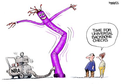 Political Cartoon U.S. NRA Inflatable Man Universal Backbone Checks