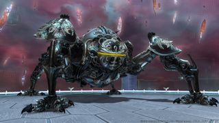 One of the Omega Protocol bosses from a FF14 raid stands on a platform