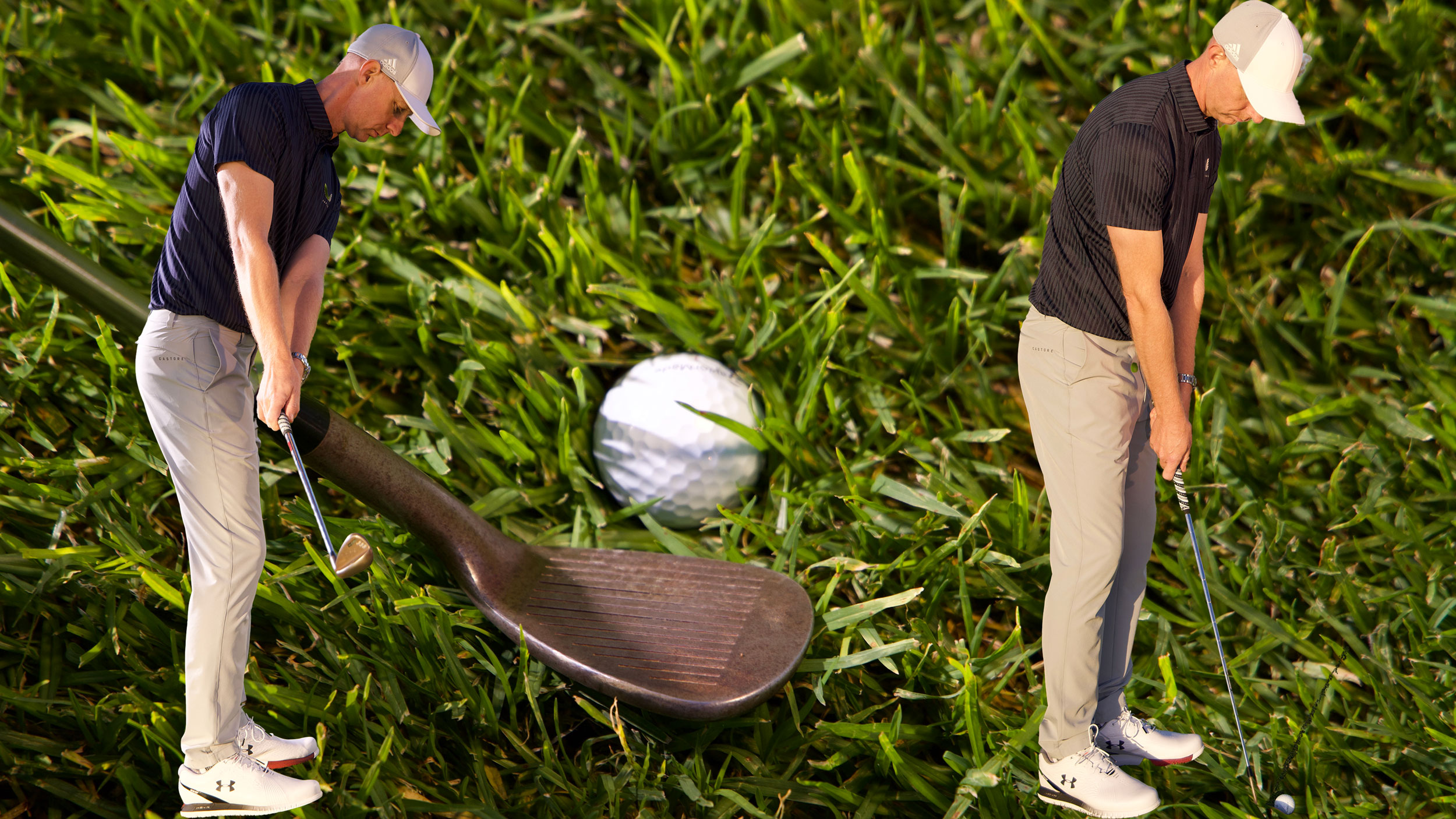 Ged Walters showcasing two examples of how to improve your chipping, with a main image of a wedge sitting behind a golf ball