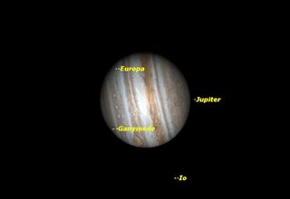 Two of Jupiter’s satellites, Europa and Ganymede, will cross the face of the planet on the evening of Tuesday January 10, 2012.