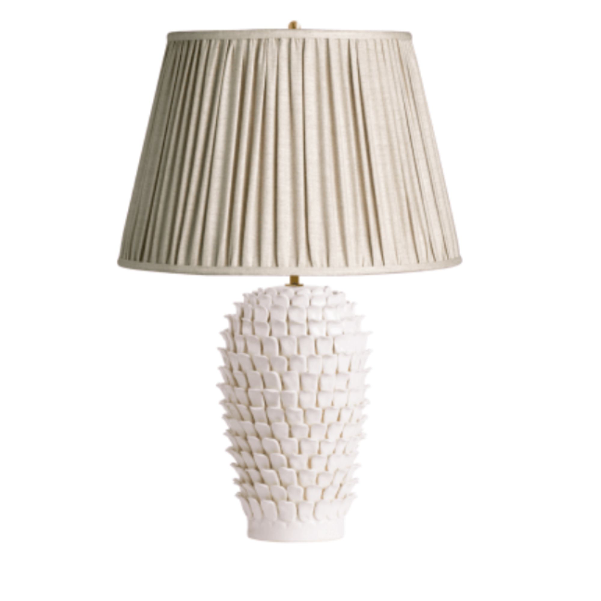 White stucco table lamp with natural shade