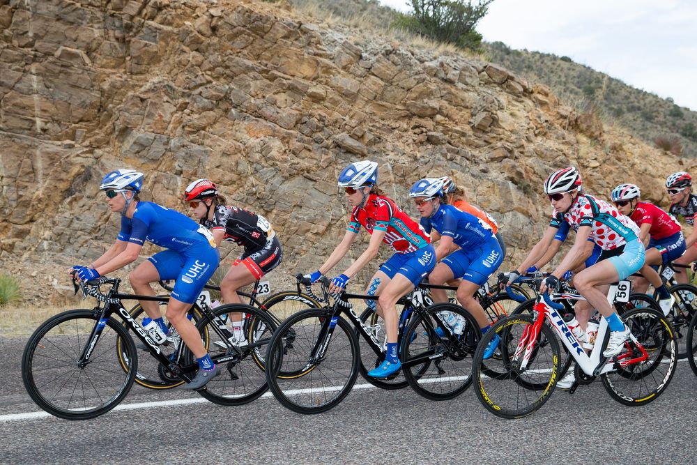 Lauren Hall (UnitedHealthcare) and race leader Katharine Hall (UnitedHealthcare) on the front of the field during stage 2 of the Tour of The Gila