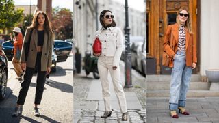 Three women wearing straight leg jeans to illustrate how to style jeans