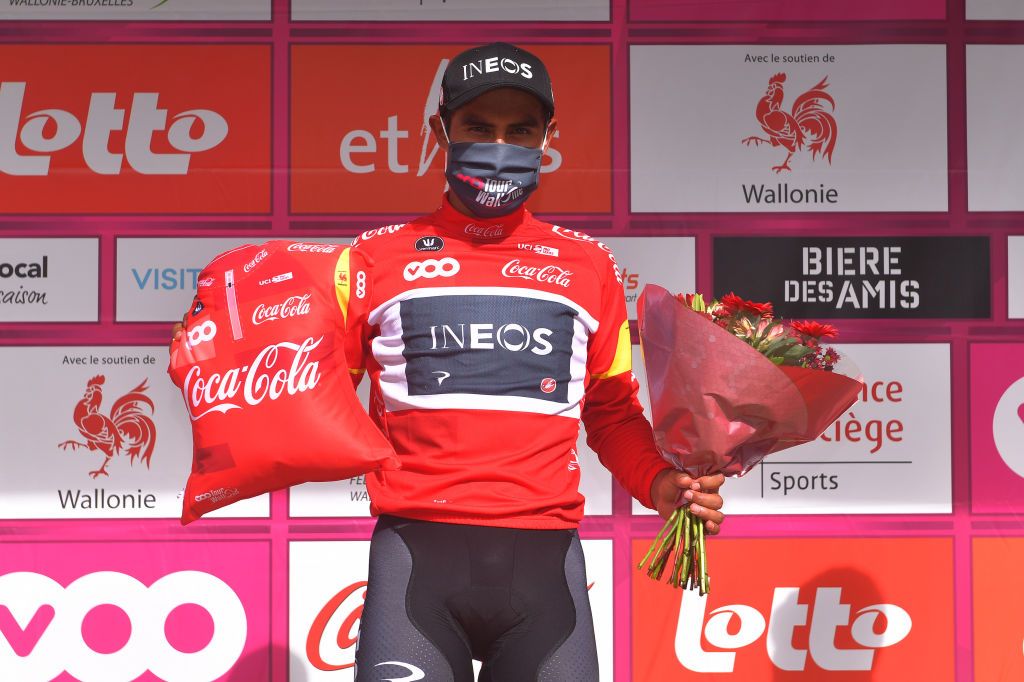 EREZEE BELGIUM AUGUST 19 Podium Jhonnatan Narvaez Prado of Ecuador and Team INEOS Red Best Young Jersey Celebration during the 41st Tour de Wallonie 2020 Stage 4 a 1994km stage from Blegny to Ereze 334m TourdeWallonie TRW2020 on August 19 2020 in Erezee Belgium Photo by Luc ClaessenGetty Images