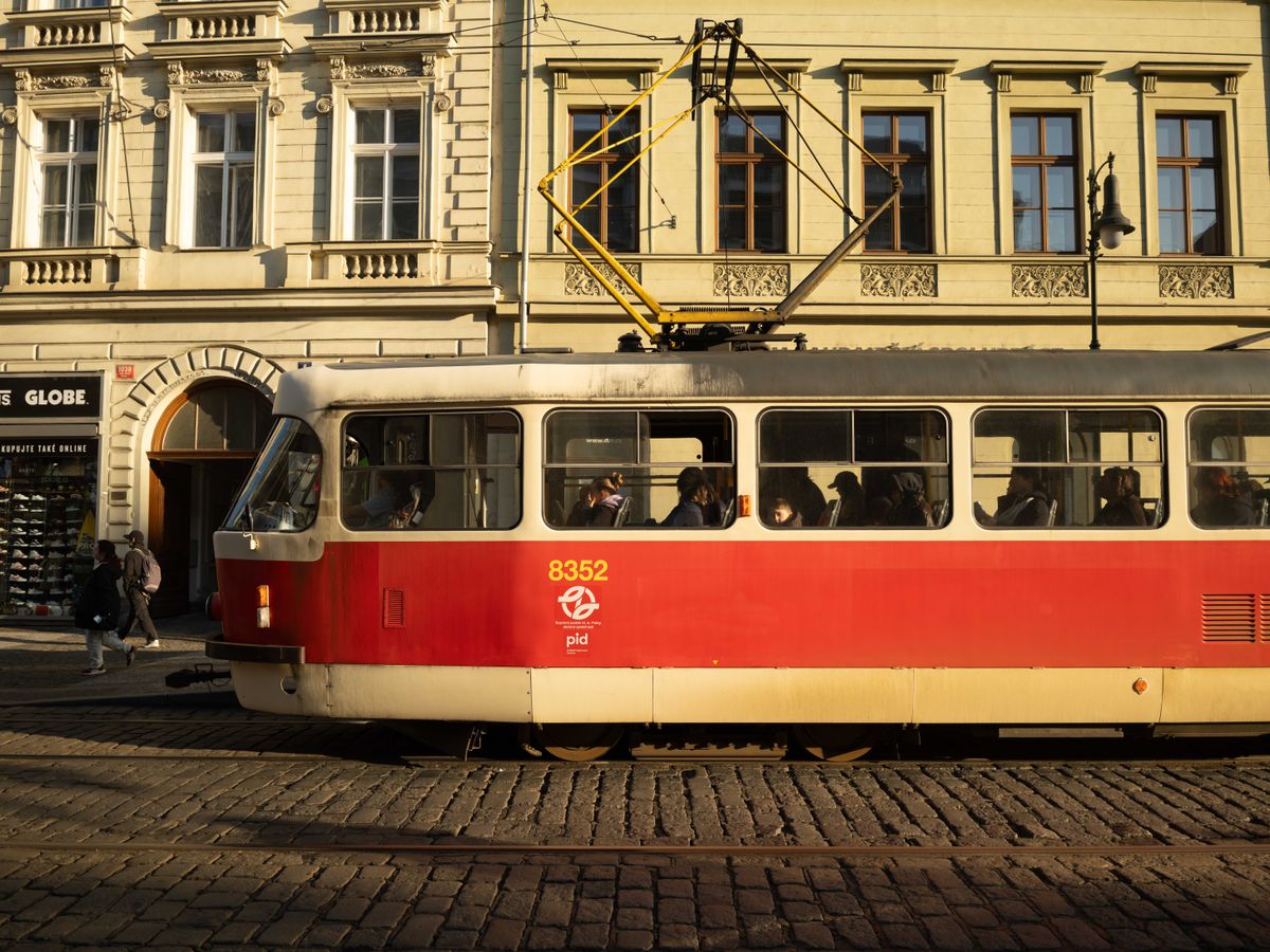 A tram in Prague stopped waiting for passengers to board