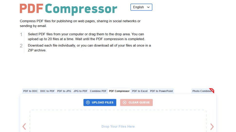 Website screenshot of PDF Compressor (August, 2025)