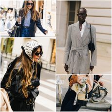 a collage of women at paris fashion week wearing french girl pieces, including Breton striped shirts, silk scarves, blazers, and basket bag