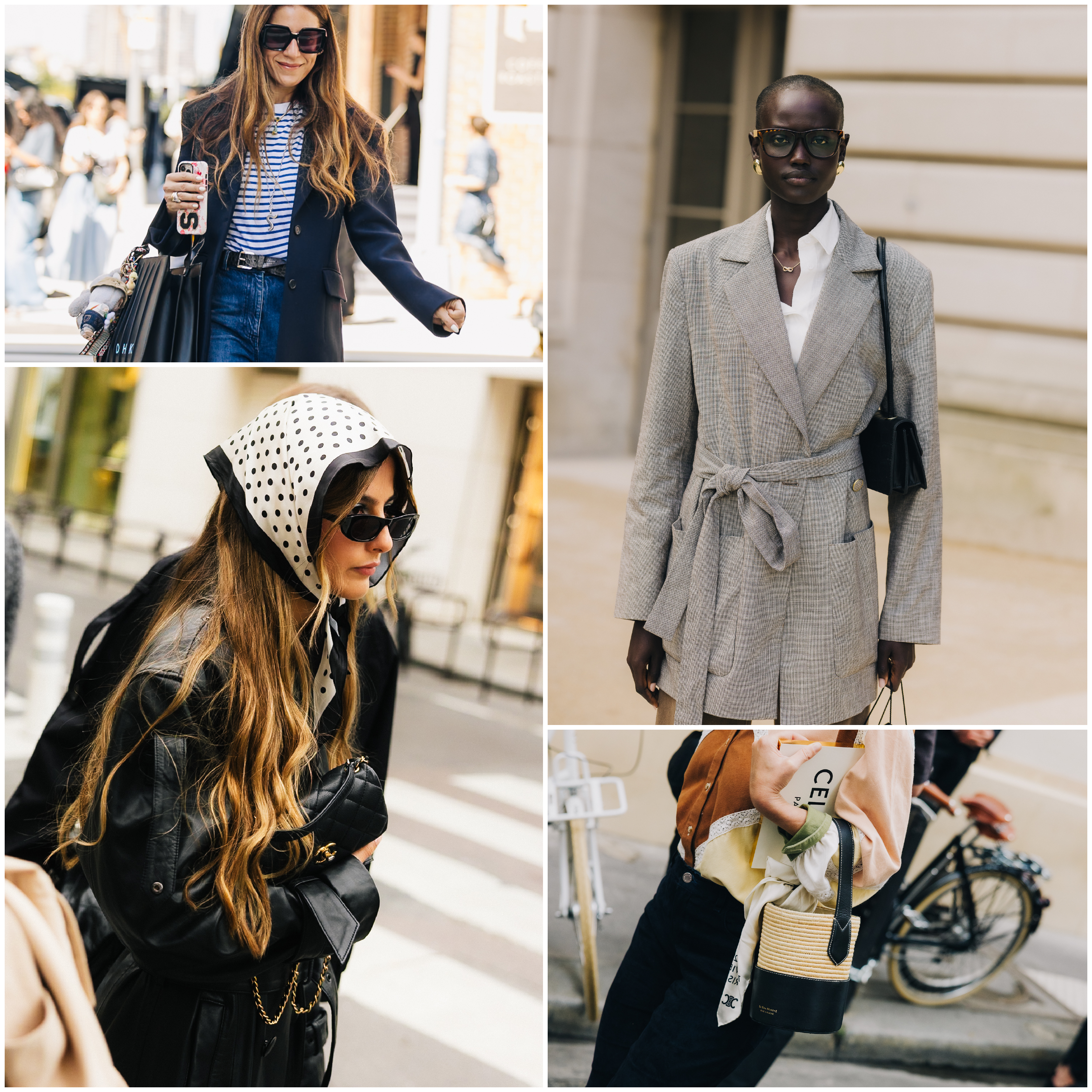 a collage of women at paris fashion week wearing french girl pieces, including Breton striped shirts, silk scarves, blazers, and basket bag