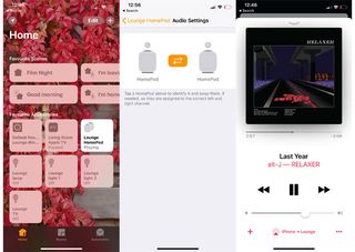 A triptych of app screengrabs showing a HomePod speaker playing Alt-J via AirPlay 2