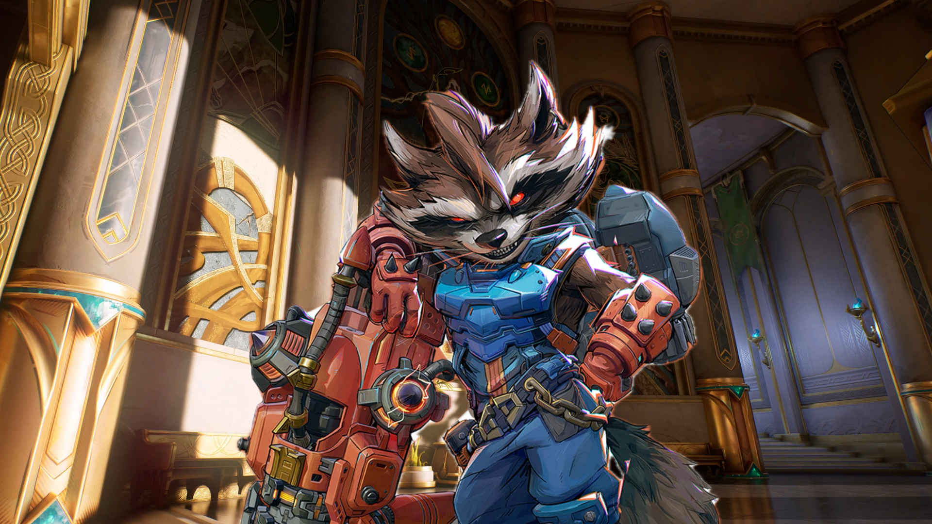 Rocket Raccoon poses with a huge weapon in the halls of Ygdrissil