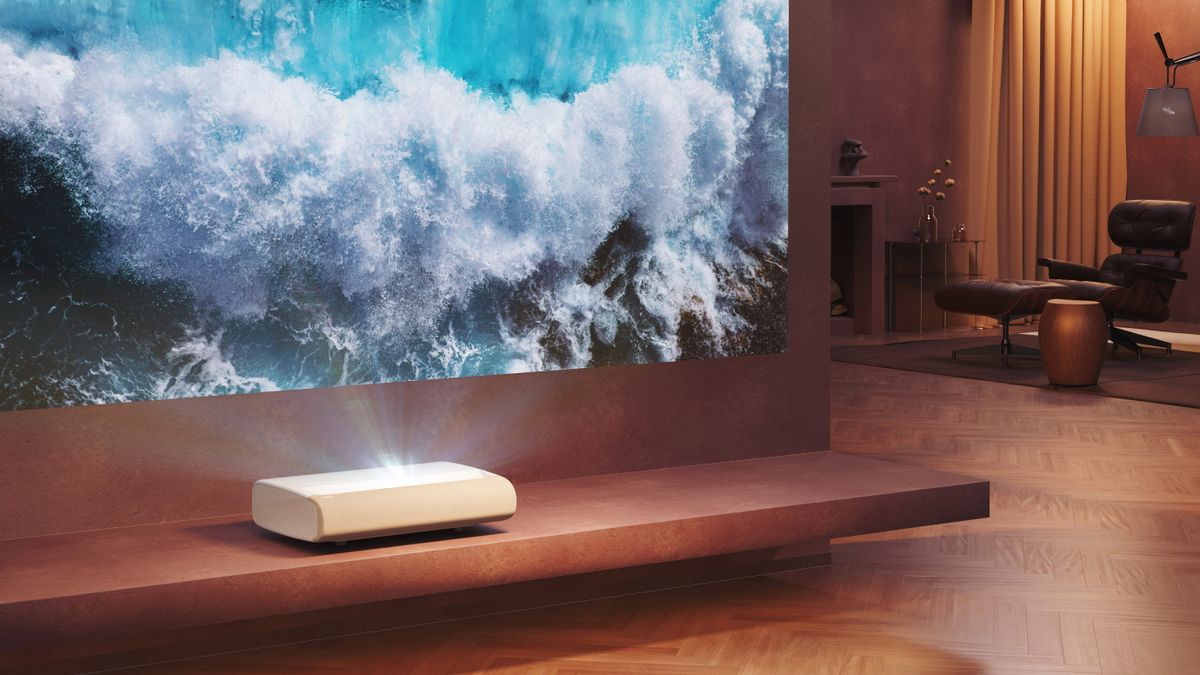 Samsung Premiere 9 on a wooden shelf projecting an image of the ocean