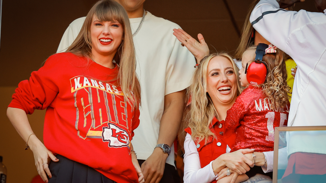 Taylor Swift and Brittany Mahomes react during a game between the Los Angeles Chargers and Kansas City Chiefs at GEHA Field at Arrowhead Stadium on October 22, 2023 in Kansas City, Missouri.