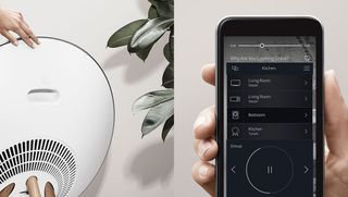 Left: white B&O speaker. Right: smartphone screen showing control for multiple devices