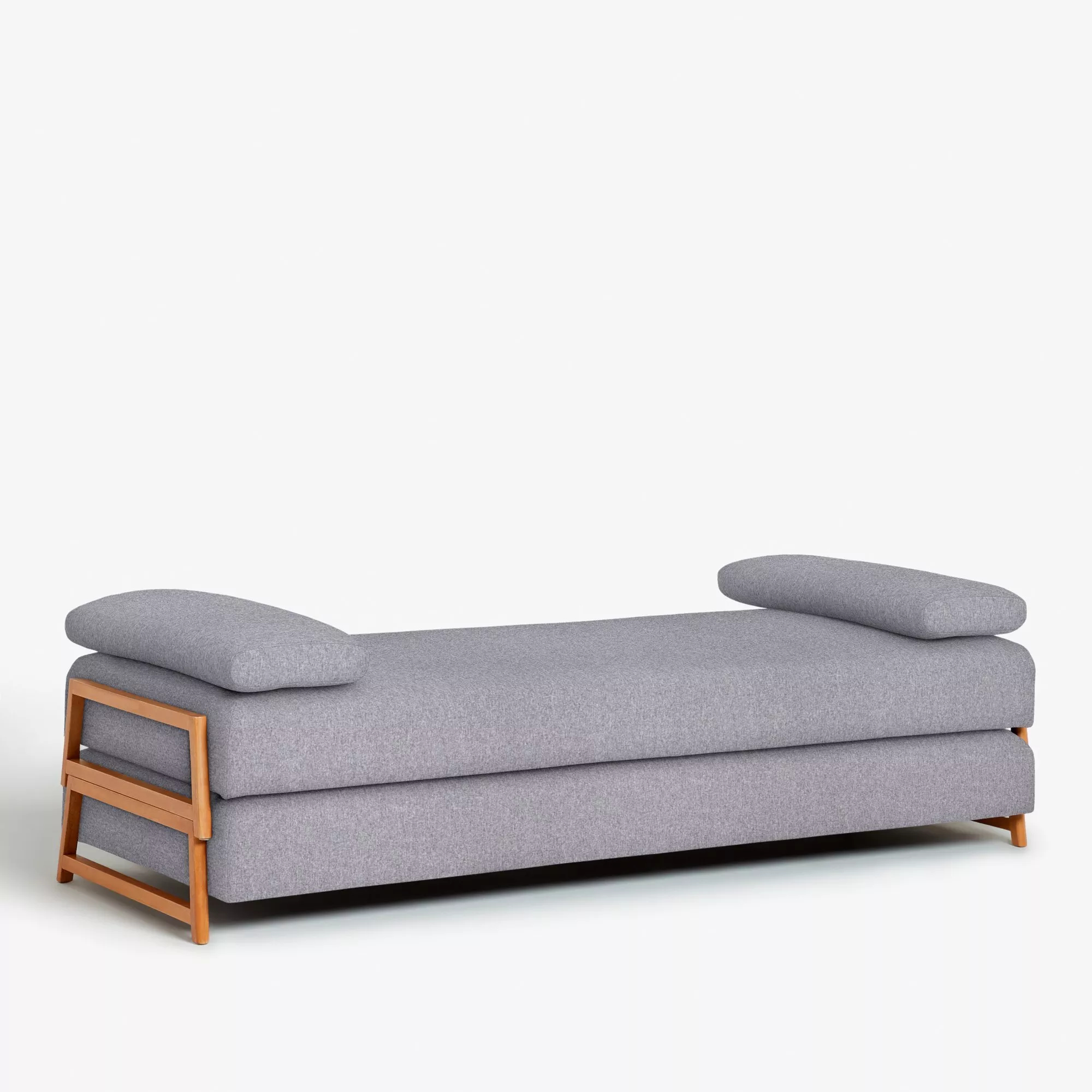 grey day bed with wooden arms