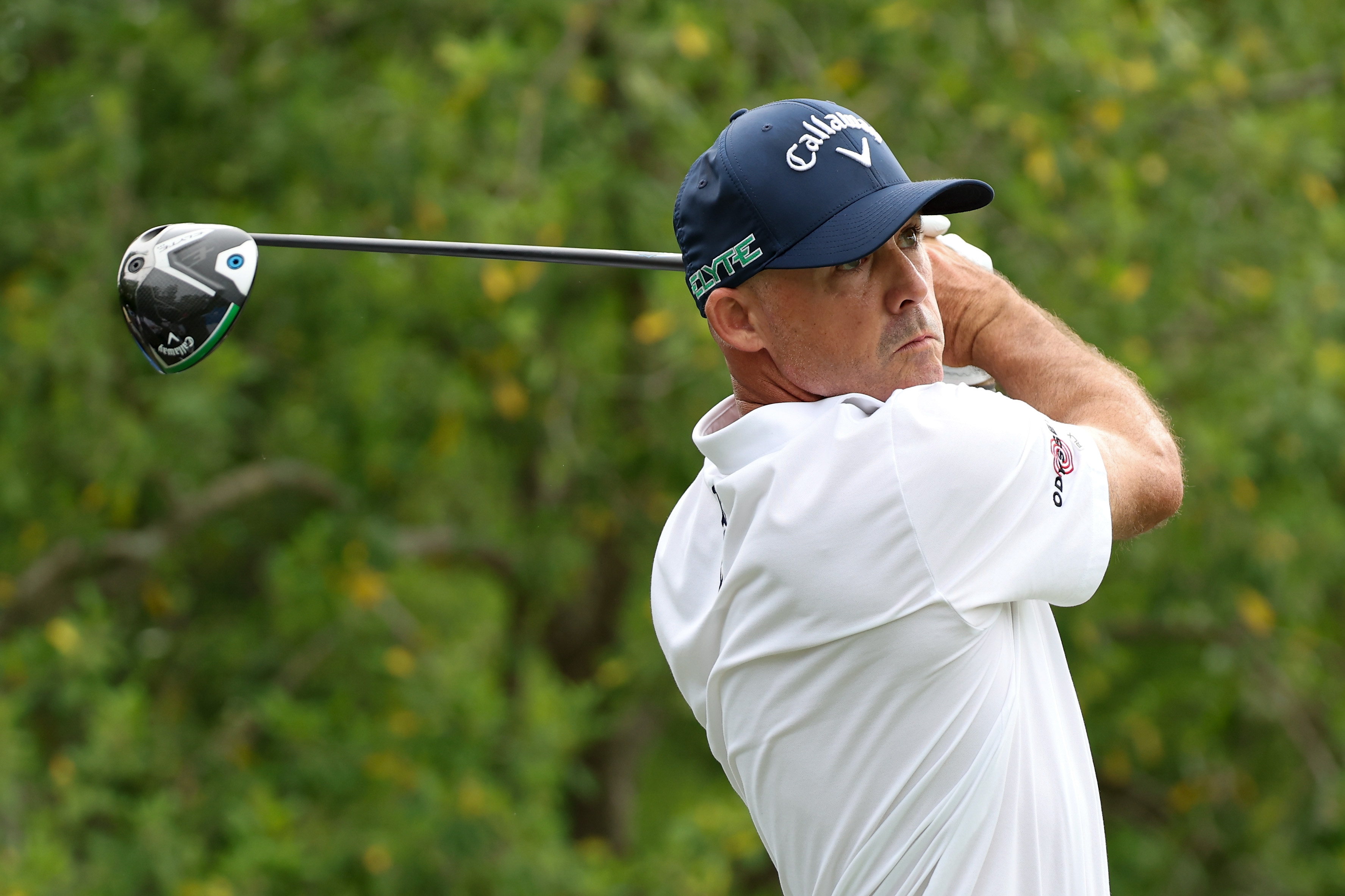 Jonathan Byrd strikes a tee shot with a driver