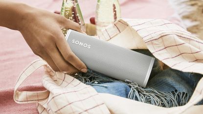 Best waterproof speakers 2021, Sonos Roam being removed from bag while outdoors