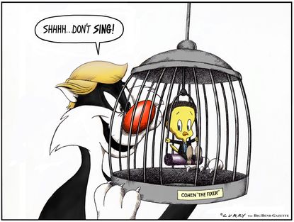 Political cartoon U.S. Trump Michael Cohen Tweety Bird Sylvester the Cat FBI office raid