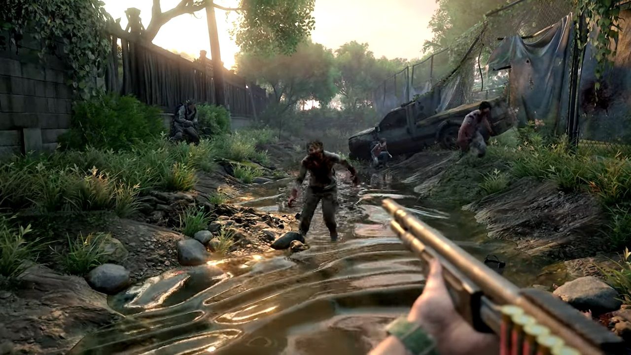 first person view shotgun aimed at fungus zombie in a drainage ditch