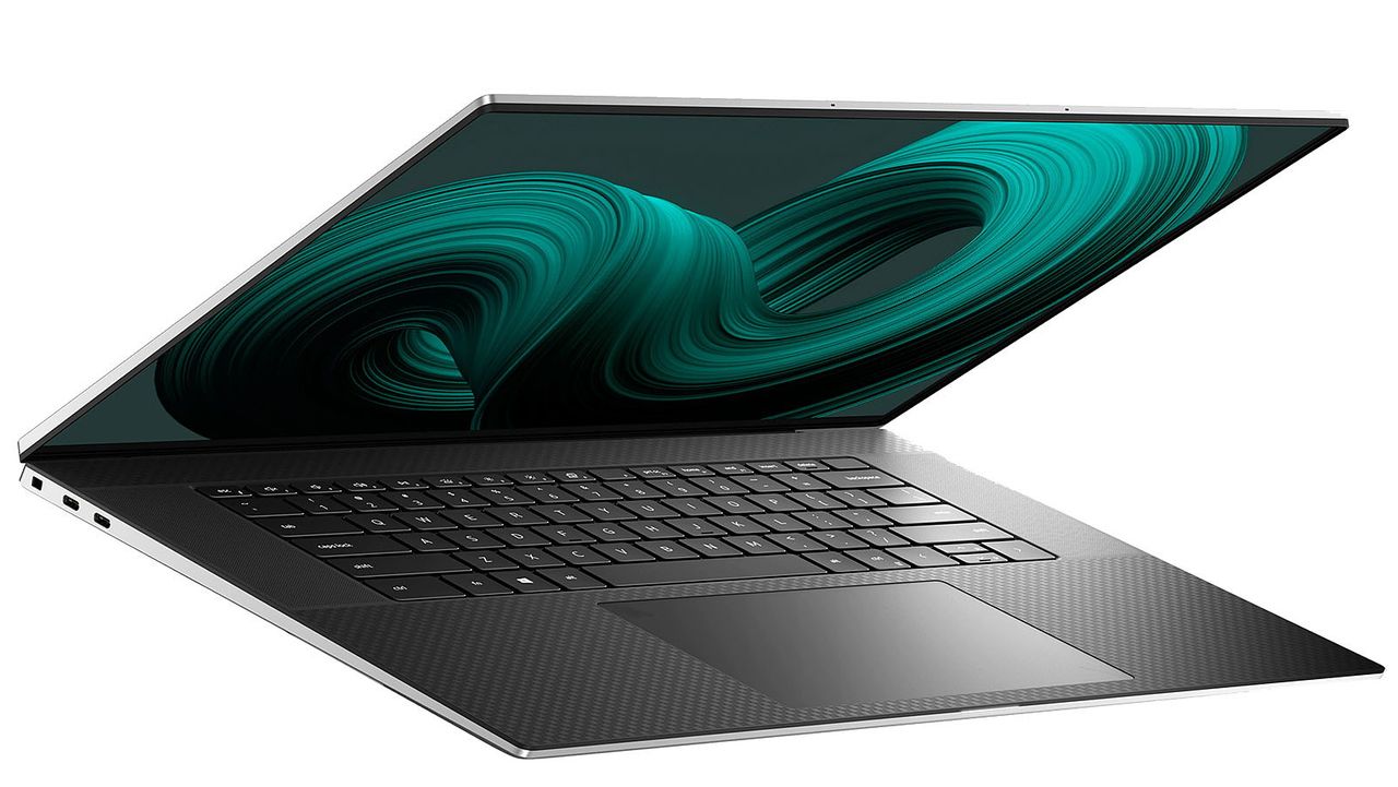 Dell XPS 17 laptop on white background with the screen open