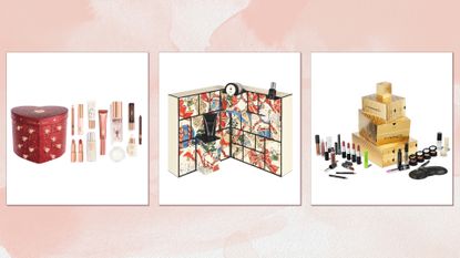 Collage of beauty advent calendars 2024 from (L-R) Charlotte Tilbury, Jo Malone and M.A.C, on a pink watercolour background