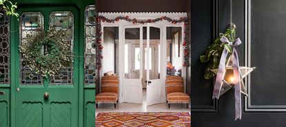 Three examples of christmas door decor ideas, green front door with wreath, close up of black door with star lantern, foliage and ribbon, inside door decorated with green and red garland