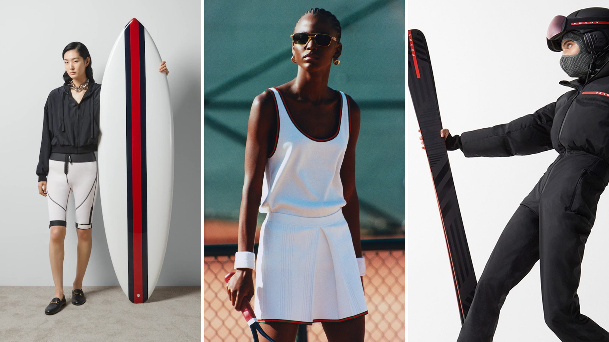 luxury fashion sports equipment: Gucci surfboard, Gucci tennis, Prada ski