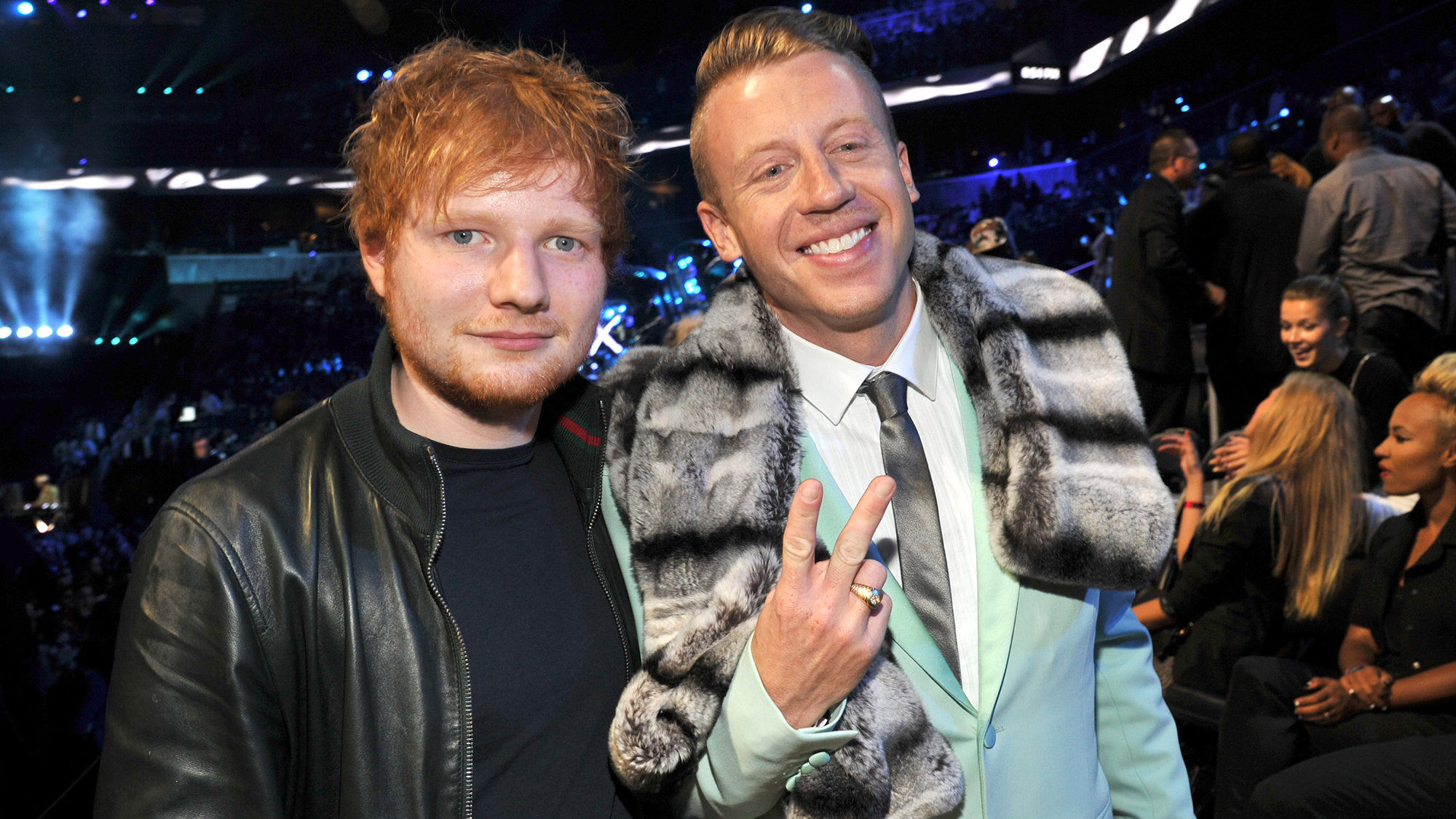 Ed Sheeran and Macklemore attend the 2013 MTV Video Music Awards at the Barclays Center on August 25, 2013 in the Brooklyn borough of New York City. 