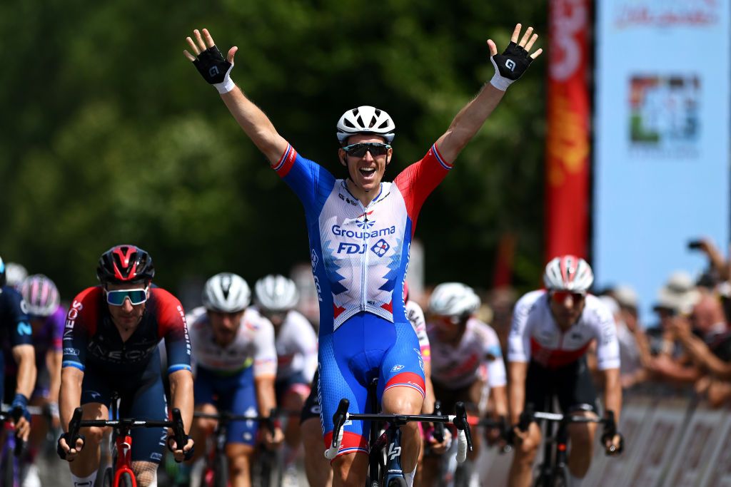 LISLE JOURDAIN FRANCE JUNE 16 Arnaud Demare of France and Team Groupama FDJ celebrates at finish line as stage winner during the 46th La Route dOccitanie La Depeche du Midi 2022 Stage 1 a 1744km stage from Smac to LIsle Jourdain RDO2022 on June 16 2022 in LIsle Jourdain France Photo by Dario BelingheriGetty Images